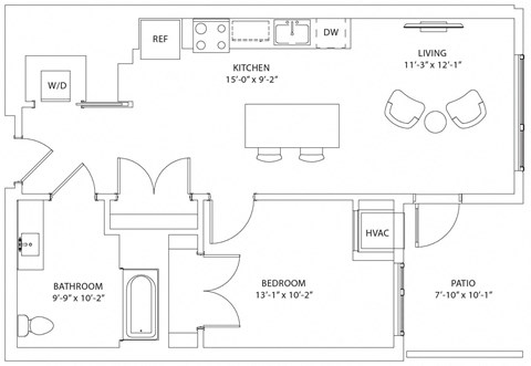 Floor plan for 1 bed, 1 bath, 754 sqft
